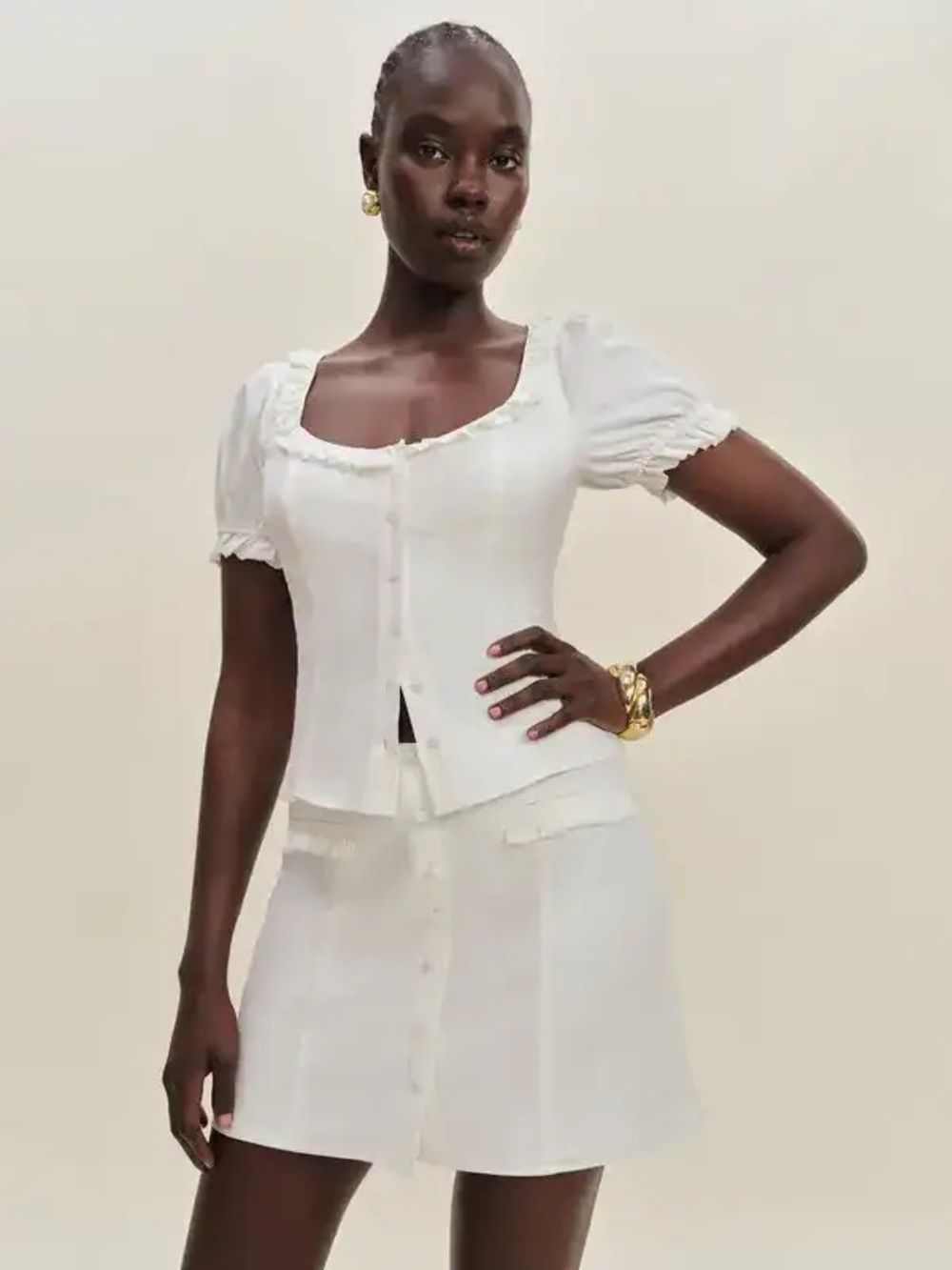 Reformation Janell White 2 Piece Button-Front Mini Skirt & Top Set Size 4